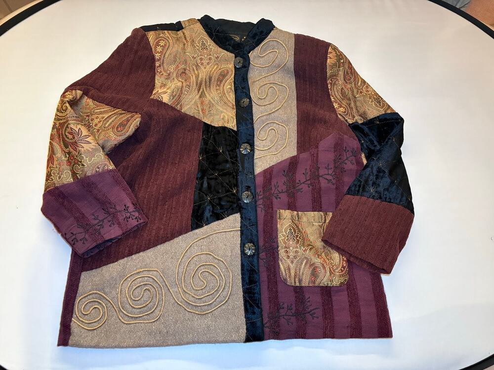 Vintage 3D textured  Patchwork Velvet Jacket XL Whimsigoth Boho woven paisley